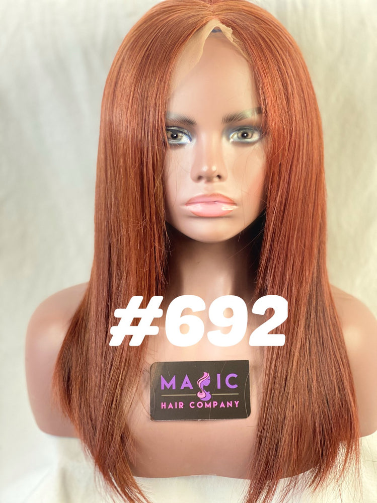 copper colored straight human hair middle part front lace layered wig