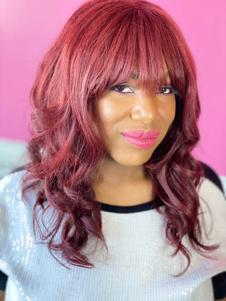 Kinky Straight, 16", front lace, Red bang wig