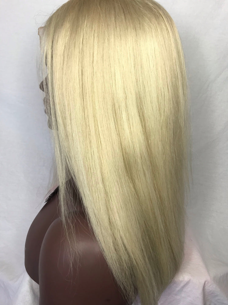 14", Straight, front lace, medium blonde