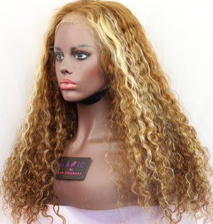 18 long blonde brown curly human hair lace wig highlights