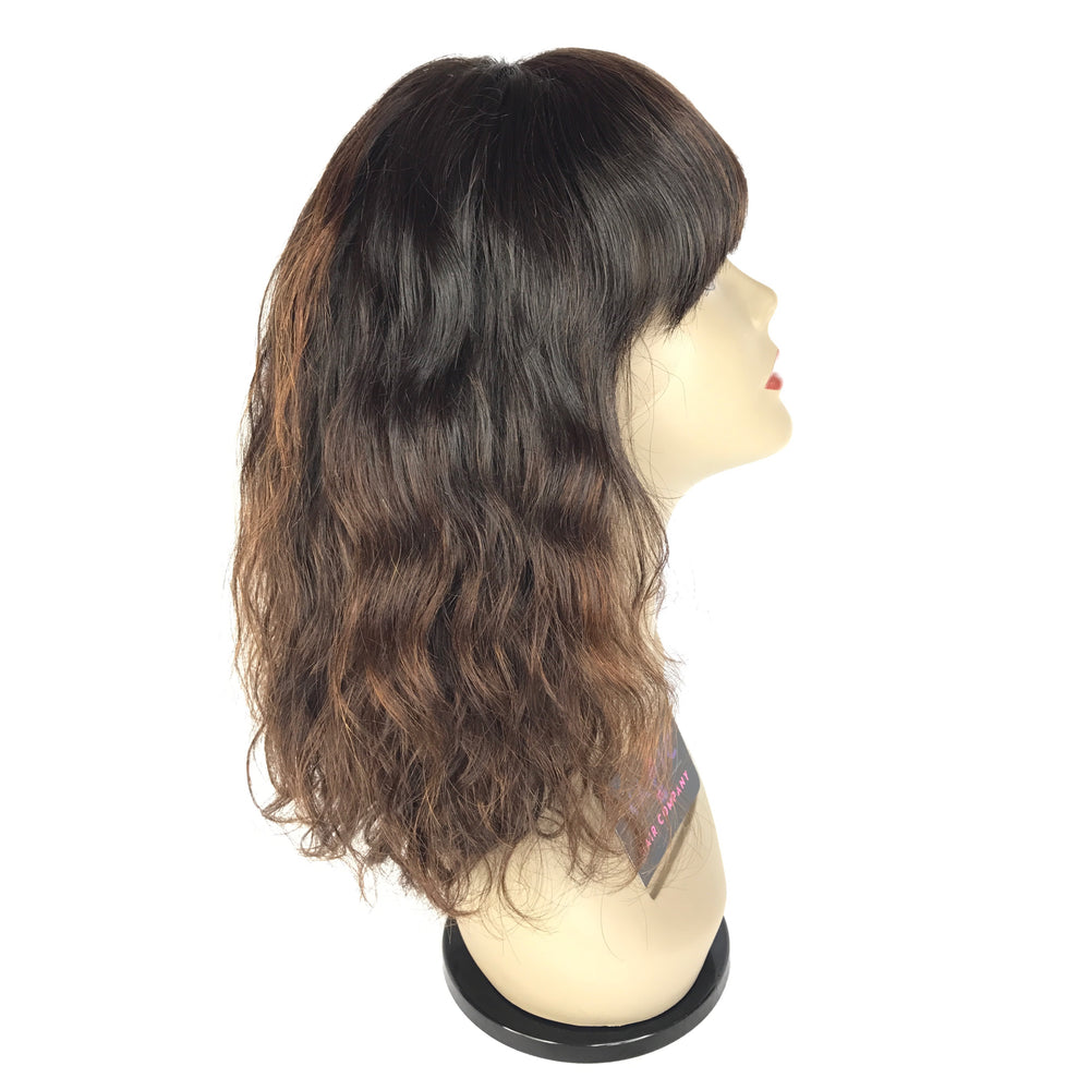 14" Front Lace, Bangs, Natural Light Brown Highlight, Body Wave Wig