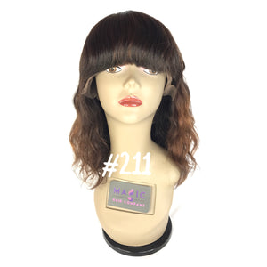 14" Front Lace, Bangs, Natural Light Brown Highlight, Body Wave Wig